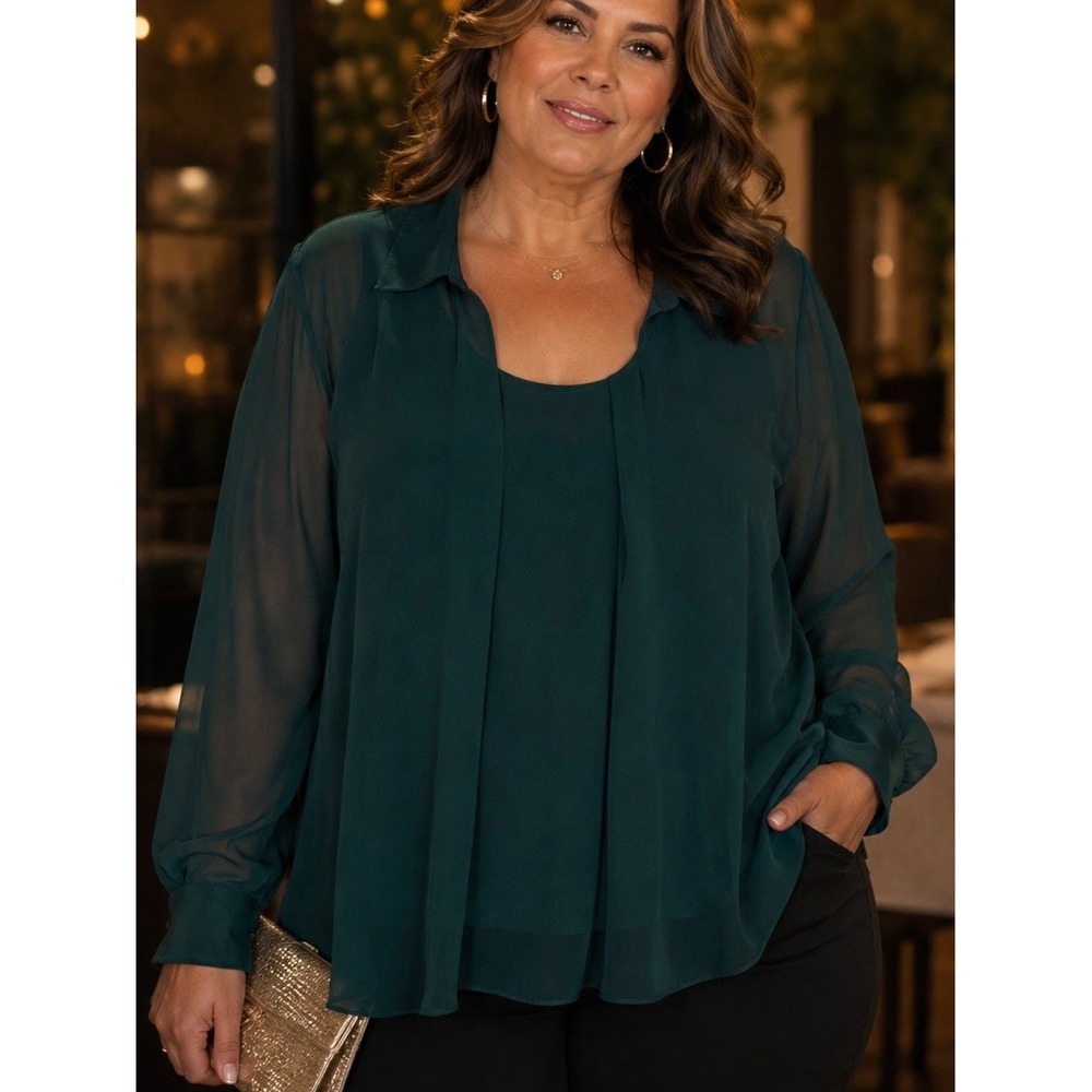 Soft Surroundings Green Layered Blouse 2X Sheer Long Sleeve Professional Top